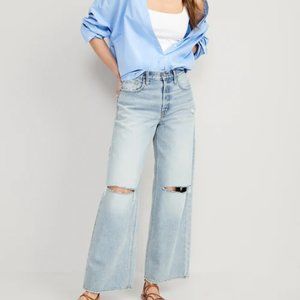 Extra High-Waisted Ripped Baggy Wide-Leg Non-Stretch Jeans  Sz 14 Petite